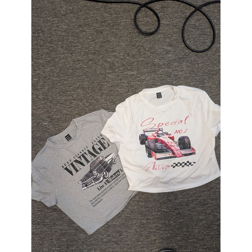 SHEIN Women's XL Crop Top Tee Bundle 2pc Racing Vintage Car White Gray